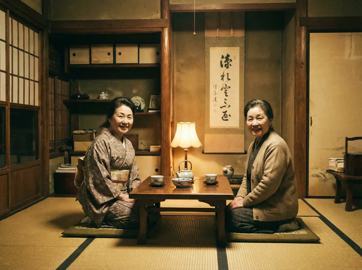两位优雅的 ai去衣 在日式茶室中品茶交谈